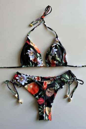 sexy slight stretch fruit floral batch printing padded lace-up bikini sets