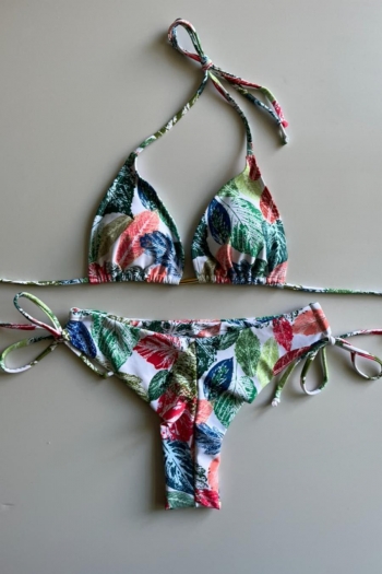 sexy slight stretch leaves batch printing padded lace-up backless bikini sets