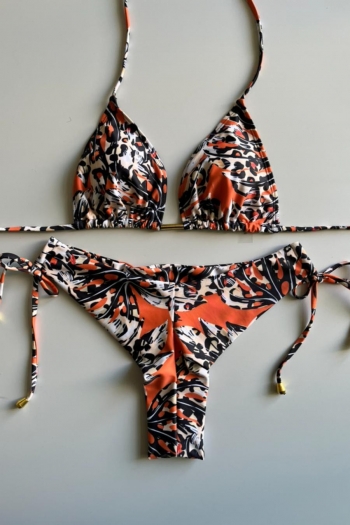 sexy slight stretch orange leopard batch printing padded lace-up bikini sets