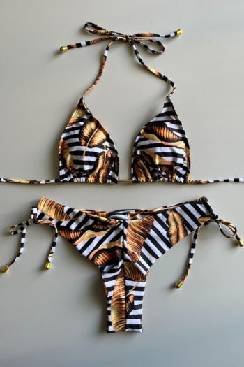 sexy slight stretch stripe batch printing padded lace-up backless bikini sets