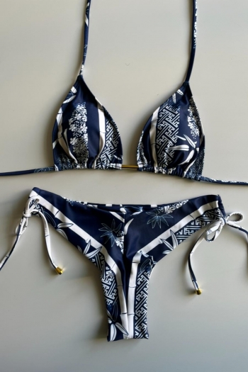 sexy slight stretch printing padded lace-up backless bikini sets