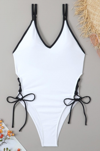 sexy color block spliced padded drawstring lace up one-piece swimsuit