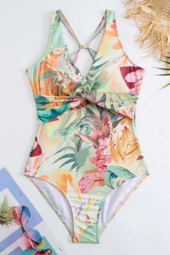 retro floral leaf print padded hollow one-piece swimsuit