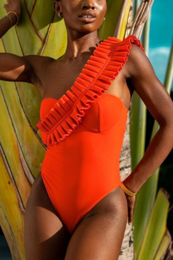 sexy solid color padded orange one shoulder ruffle one-piece swimsuit