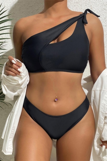sexy solid color padded one shoulder hollow bikini set