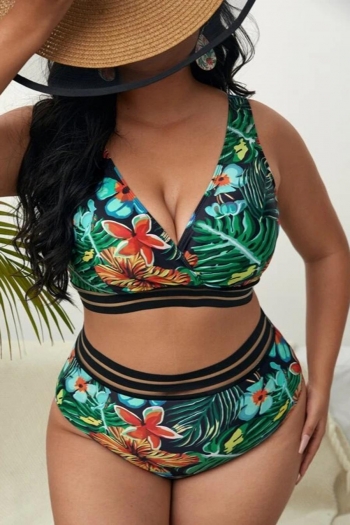sexy plus size 2 colors floral batch printing padded high waist tankini sets