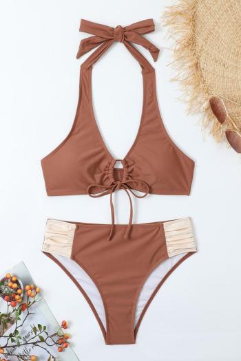 sexy contrast color padded halter-neck lace-up tankini sets