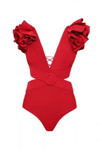 sexy solid color padded ruffle crossed design hollow one-piece swimsuit