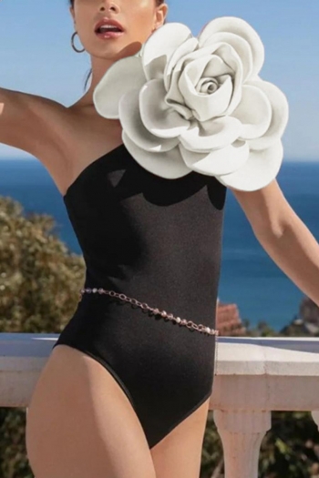 sexy floral decor padded one shoulder one-piece swimsuit (no metallic chain)