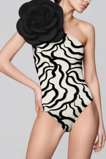 sexy stripe printing floral decor padded one shoulder one-piece swimsuit