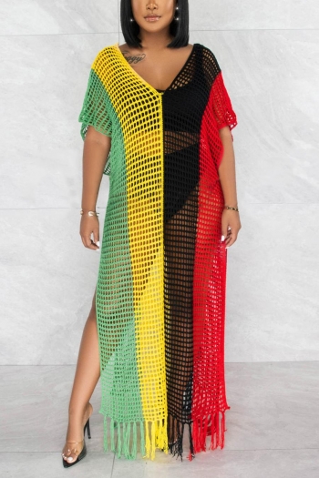 sexy crochet color block hollow tassel beach cover-ups (without swimwear)