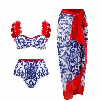 retro print padded underwire chiffon skirt three-piece swimsuit(skirt only one size)