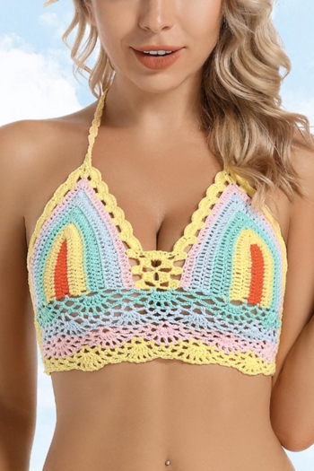 sexy 4 colors crochet non-removable padding halter-neck lace-up bikini top