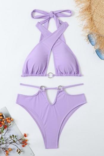 sexy pure color padded halter-neck lace-up metallic ring linked bikini sets
