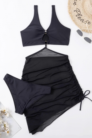 sexy padded hollow metallic ring linked mesh skirted drawstring tankini sets