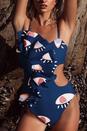 sexy evil eyes printing padded ruffle hollow one-piece swimsuit