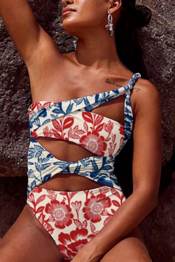 sexy floral printing padded hollow one shoulder one-piece swimsuit