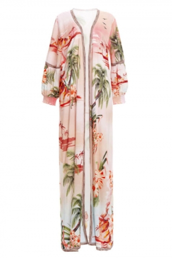 holiday non stretch floral coconut tree printing cardigan beach cover-ups