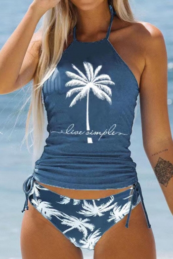 conservative coconut tree and letter printing padded drawstring tankini sets