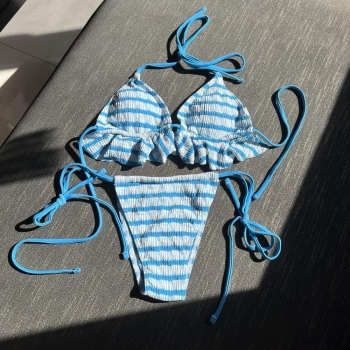sexy stripe printing padded halter ruffle lace up bikini set