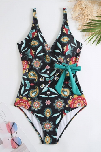 vintage floral printing padded strappy lace up one-piece swimsuit