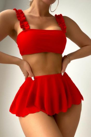 classic solid color padded strappy frill trim three-piece swimsuit