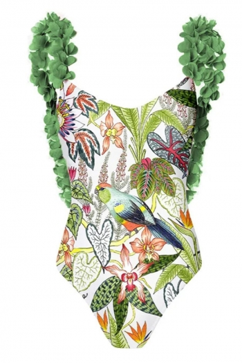Retro flower decor natural view printing padded one-piece swimsuit