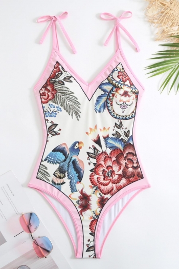 retro natural scenery printing padded sling lace up one-piece swimsuit