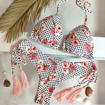 sexy flower & polka dot print tassel halter-neck padded bikini set