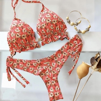 sexy flower batch print tassel halter-neck padded bikini set