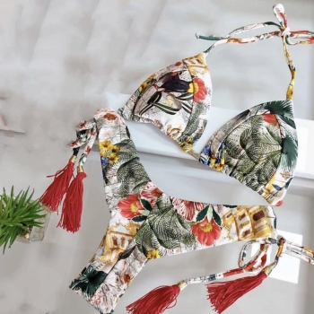 sexy leaf & flower printing tassel halter-neck padded bikini set
