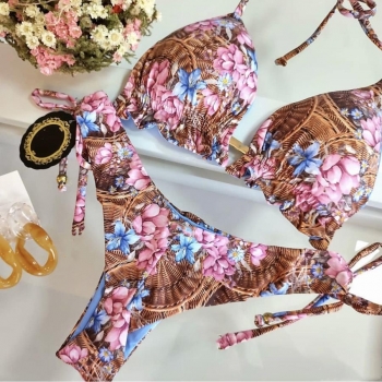 sexy floral batch printing tassel halter-neck padded bikini set #1