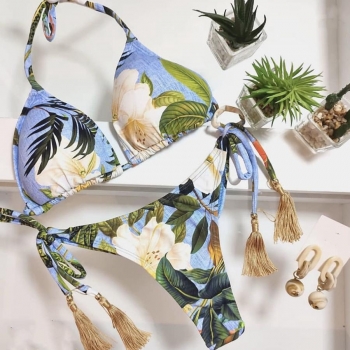 sexy floral & leaf batch printing tassel halter-neck padded bikini set