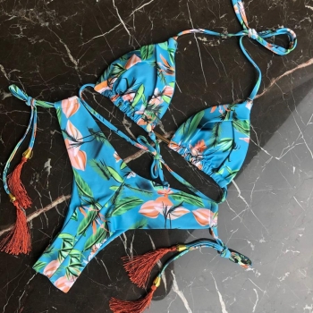 sexy floral & leaf batch printing tassel halter-neck padded bikini set #1