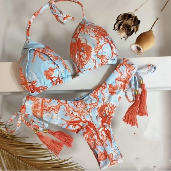 sexy batch printing tassel halter-neck padded bikini set