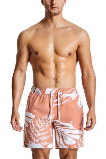 casual 3xs-2xl leaf print non stretch orange tie-waist beach shorts (with lined)
