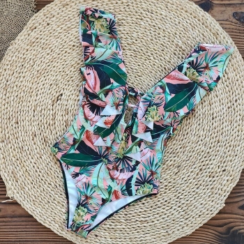 sexy banana tree print padded deep v backless ruffle lace-up one-piece swimsuit