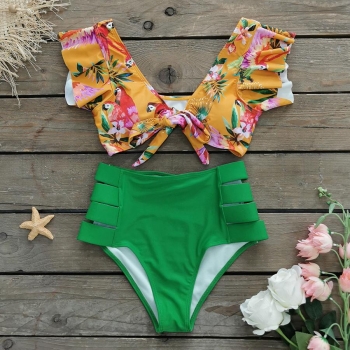 sexy floral and bird batch printing padded ruffle hollow out tankini sets