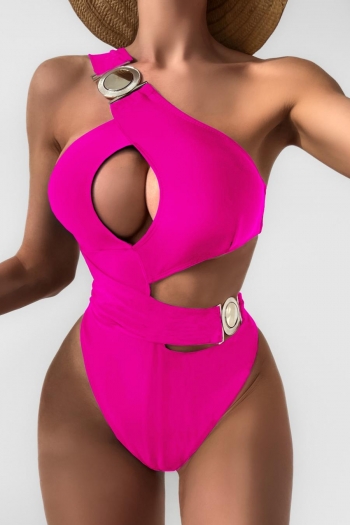 sexy 3 colors padded one shoulder hollow metallic buckle one-piece swimsuit