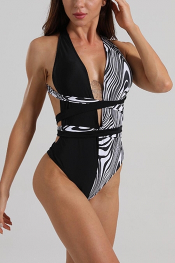 sexy zebra stripe printing padded deep v backless lace-up one-piece swimwear