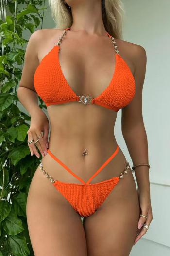 sexy orange padded halter-neck lace-up rhinestone chain decor bikini sets