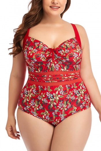retro plus size floral printing padded strappy hollow lace up one-piece swimsuit