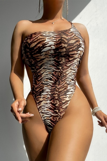 sexy tiger printing padded one shoulder backless one-piece swimsuit