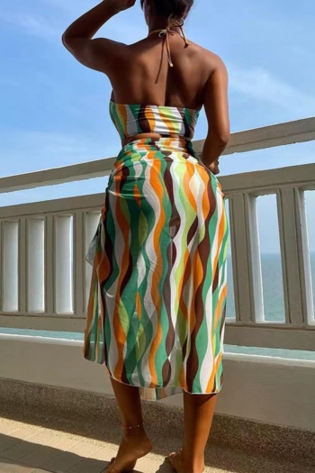 Sexy stripe batch printing padded halter-neck lace-up three-piece swimsuit