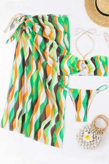 Sexy stripe batch printing padded halter-neck lace-up three-piece swimsuit