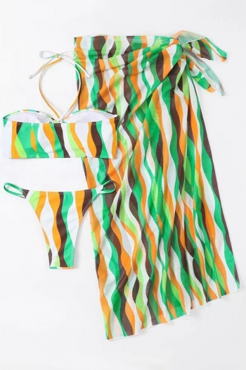 Sexy stripe batch printing padded halter-neck lace-up three-piece swimsuit