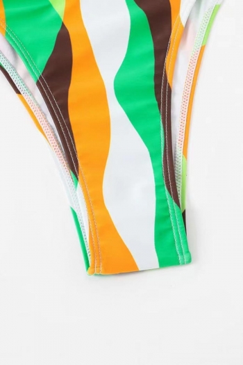 Sexy stripe batch printing padded halter-neck lace-up three-piece swimsuit