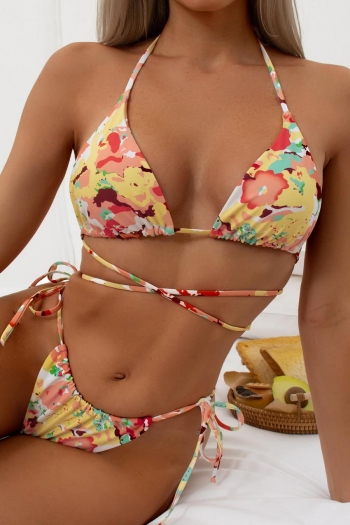 sexy padded floral batch printing halter-neck backless bikini set