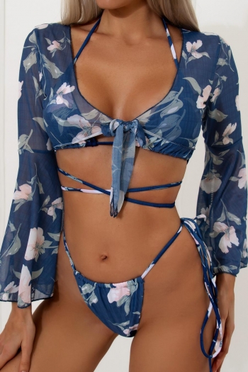 sexy padded flower printing halter-neck mesh see through three-piece swimsuit