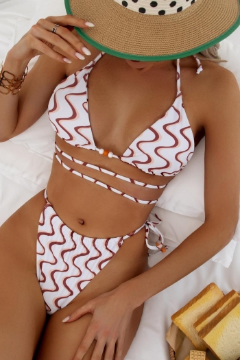 sexy wave printing padded halter-neck bikini set